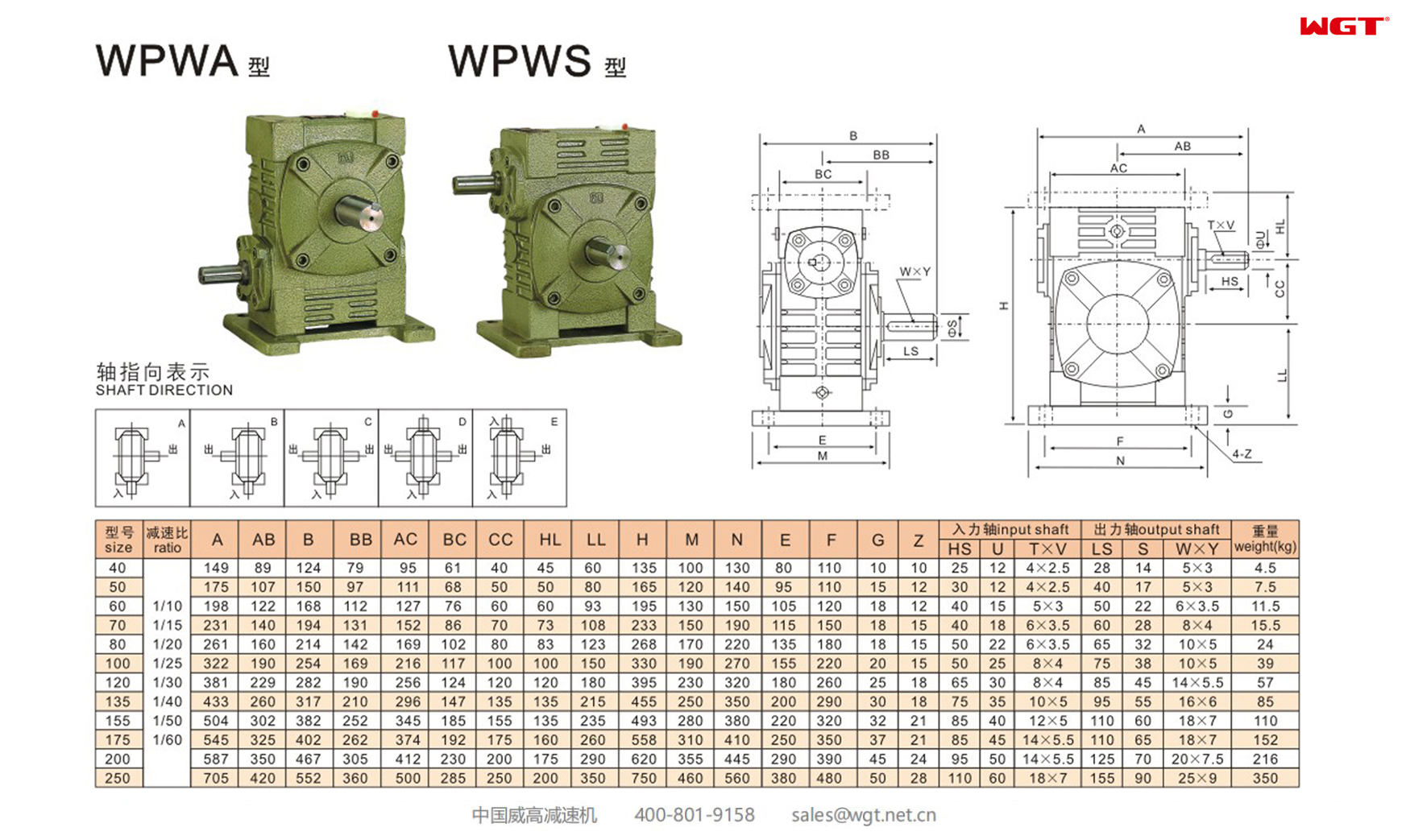 WPWA WPWS250 Worm Gear Reducer Universal Reducer
